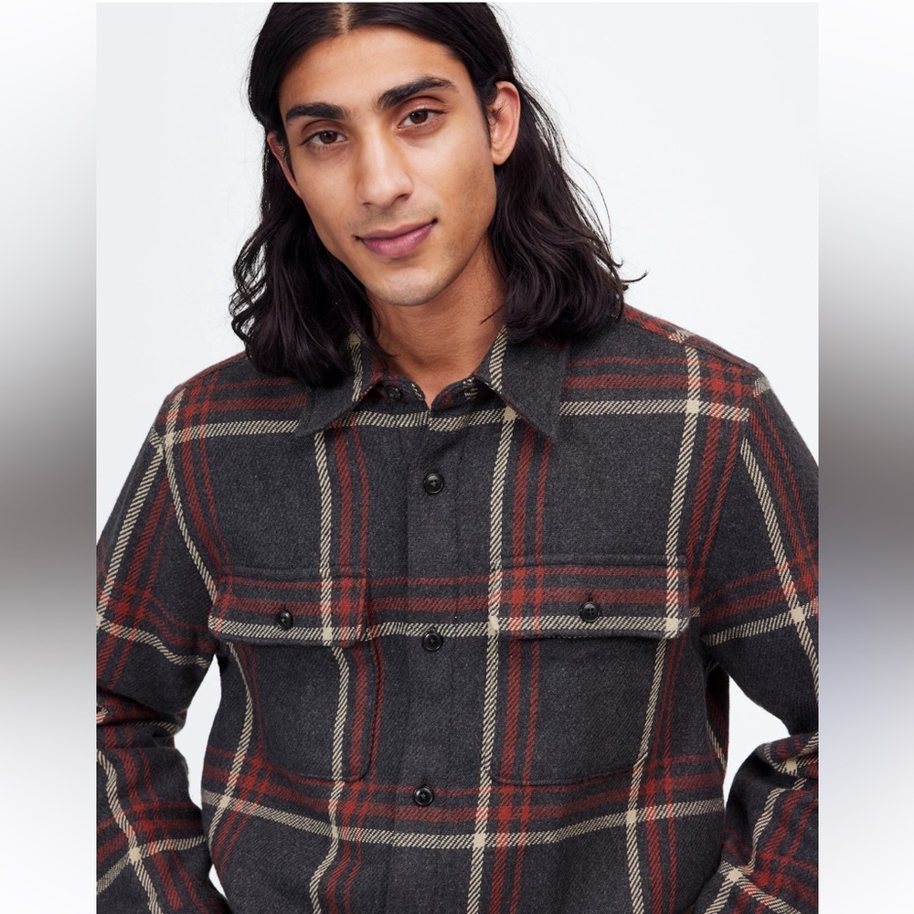 Madewell Men's Plaid Brushed Easy Shirt Jacket - Italian Fabric Maroon & Gray - Picture 2 of 11